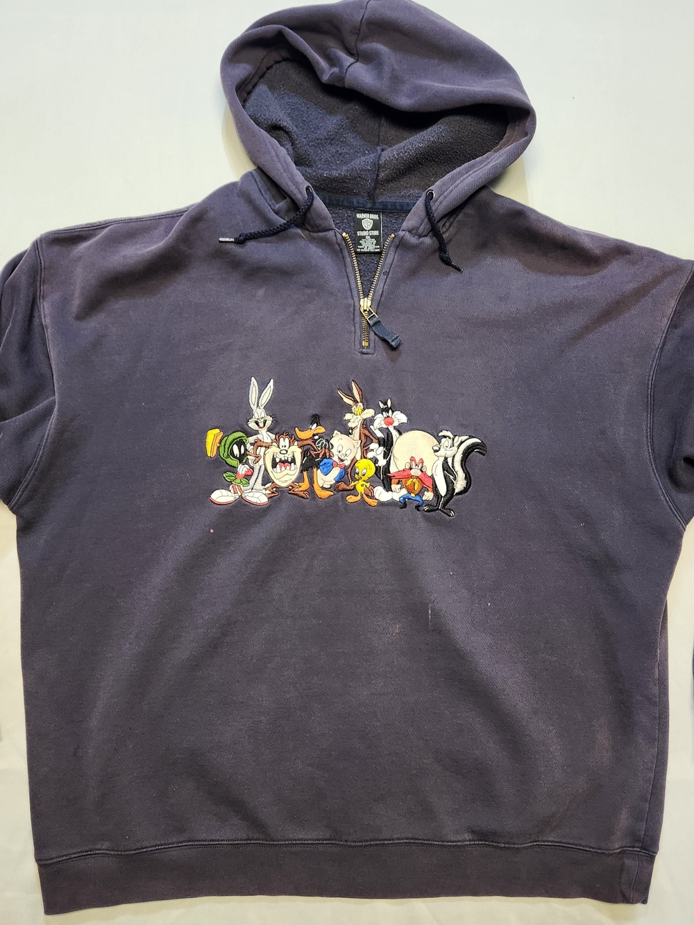 Vtg 90s Warner Bros Studio Store Looney Tunes Embroidered Quarter Zip Hoodie XXL